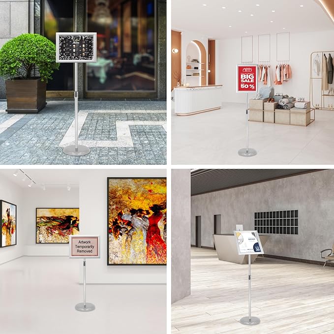 Adjustable Poster Stand Holder Heavy Duty Snap Open Aluminum Pedestal Floor Standing Sign Holder Vertical and Horizontal View Sign Displayed (Silver, 8.5x11inches)