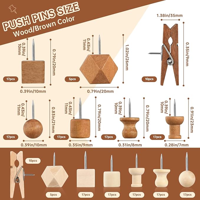 200Pcs Wood Push Pins 7 Types and 2 Colors Wood Tacks Cute Push Pin Thumb Tacks for Decorative Wooden Push Pins for Cork Board Cute Pushpins for Bulletin Board Prayer Board Supplies for Women