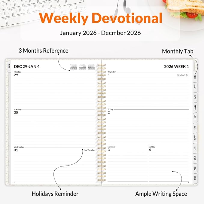 SUNEE Planner 2026 Weekly and Monthly, January 2026-December 2026, 8.5"x11", Tabs, Note Pages,Spiral Binding, Black