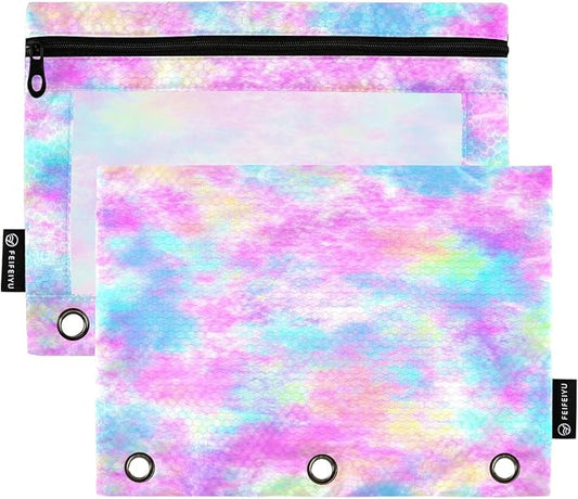 ALAZA Pencil Pouch for 3 Ring Binder, Watercolor Gradient Tie Dye Binder Pencil Pouches with Clear Window Zipper Pencil Case Cosmetic Bags for Office College Supplies, 2PCS