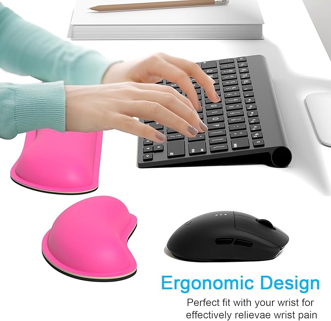 Dapesuom Keyboard Wrist Rest Set, Cute PU Leather Wrist Cushion for Computer Keyboard and Mousepad, Memory Foam Mouse Pad Rests Support with Non-Slip Base for Typing Pain Relief, Laptop, Hot Pink