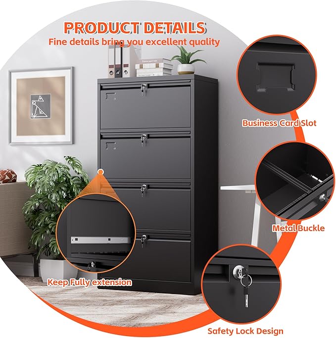 4 Drawer Lateral File Cabinet, Metal Lateral File Cabinets with Lock, Legal Size Steel Lateral Filing Cabinet for Office and Home