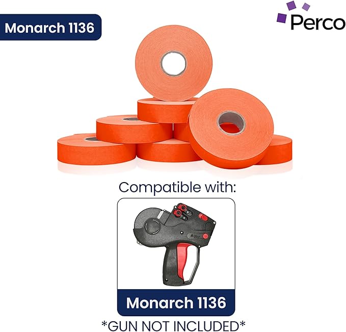 Perco Red Pricing Labels for Monarch 1136 Price Gun - Case of 8 Sleeves, 112,000 Pricemarking Labels Value Pack - with Bonus Ink Rolls Included