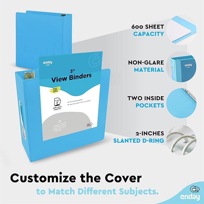 3 Inch Binder 3 Ring Binders Blue, Slant D-Ring 3” Clear View Cover with 2 Inside Pockets, Heavy Duty Colored School Supplies Office and Home Binders – by Enday