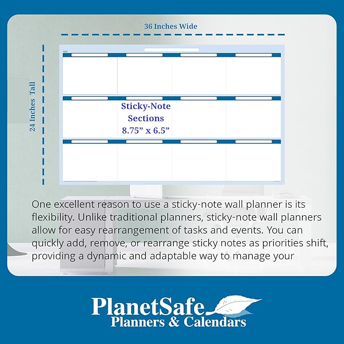 Sky Blue 12 Section Task, Objective and Goals Planning System Horizontal 24" Tall x 36" Wide. Wall Tray, Dry-Erase Marker, Eraser and 600 Sticky-Notes