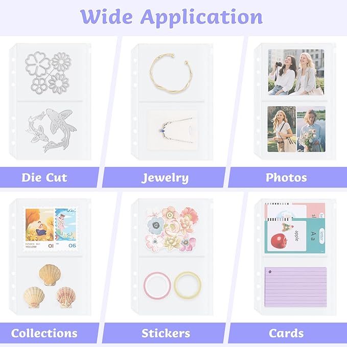 10 Pack Zippered Binder Pocket Sleeves for 6 Ring A5 Binder - Frosted Divided Pouch Photo Card Jewelry Storage Binder Insert Refills 2 Pocket Cash Saving Sheets Protector Loose Leaf Bags