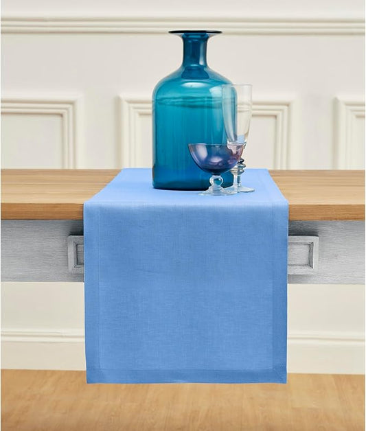 Solino Home Linen Table Runner 36 Inches - 100% Pure Linen Provence Blue Table Runner 14 x 36 Inch Ideal for Dresser and Coffee Tables - Fete - Christmas, Winter