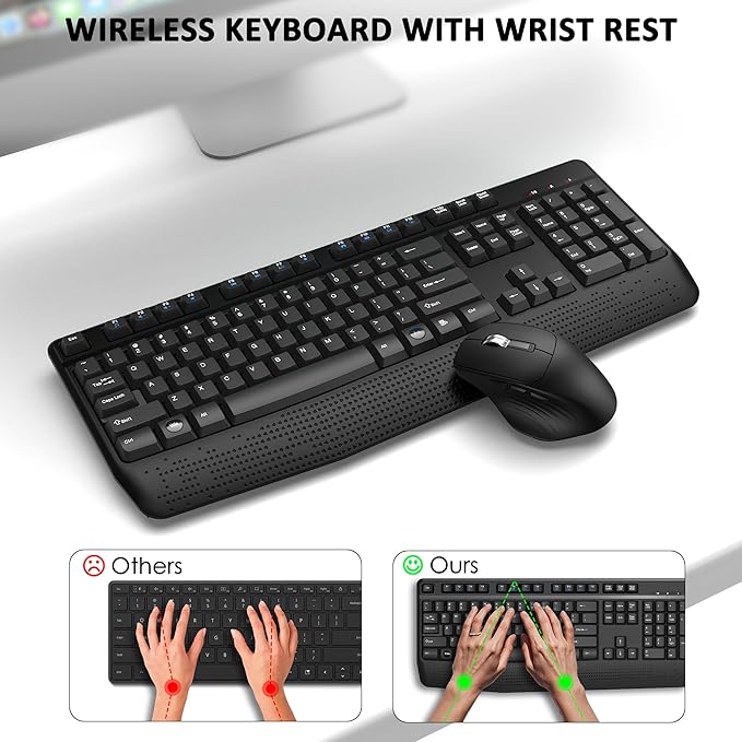 Wireless Keyboard and Mouse Combo, Full-Sized 2.4GHz Wireless Keyboard with Comfortable Palm Rest and Optical Mouse for Windows, Mac OS PC/Desktops/Computer/Laptops (Dark Gray)