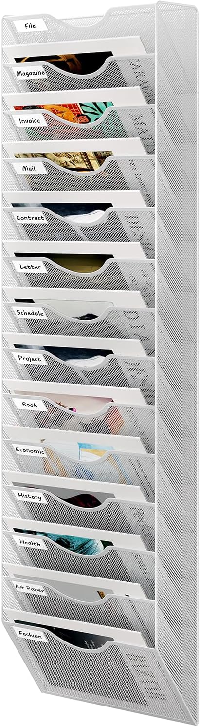 14 Tier Hanging Wall File Holder, Metal A4 Wall Mounted Document Holder, Vertical Hanging Mail Organizer, Magazine Storage Rack with Tray for Office Home Classroom, White