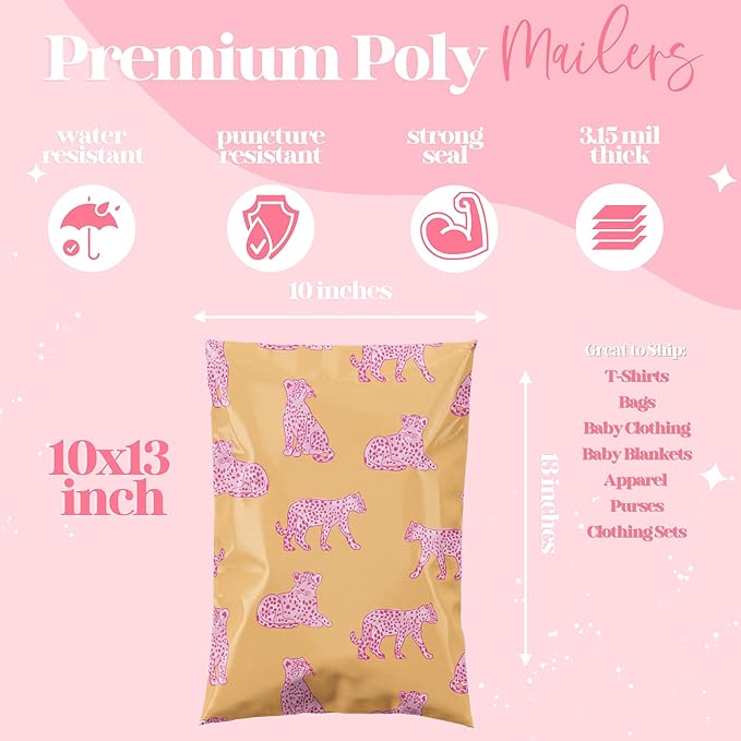 10x13 Designer Poly Mailer 100 Pack Heavy Duty Waterproof Self Seal Shipping Bags for Small Business Large Mailing Envelopes Bulk Tear Resistant Packaging Pink Orange Leopard