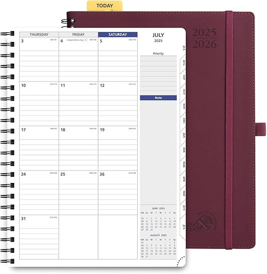POPRUN 2025-2026 Monthly Planner Spiral Bound, 8.5'' x 11.25'' Academic Calendar (July 2025-July 2026) Appointment Book with Stair Tabs, Leather Cover, 4 Pages per Month with Notes - Claret