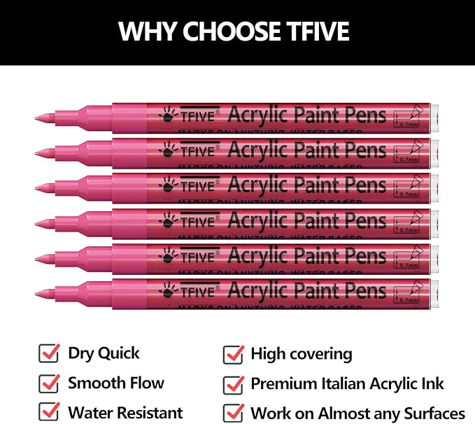 Pink Marker Paint Pens - 6 Pack Acrylic Pink Permanent Marker, 0.7mm Extra Fine Tip Paint Pen for Art Projects, Drawing, Rock Painting, Stone, Ceramic, Glass, Wood, Plastic, Metal, Canvas DIY Crafts