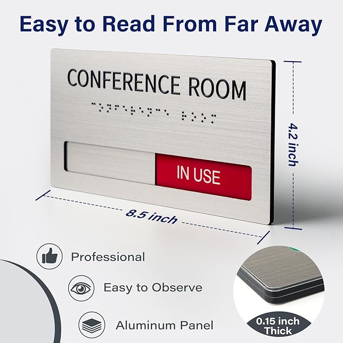 Conference Room Office Door Signs Do Not Disturb, In Use/Available Slider Sign with Raised Text & Grade 2 Braille, Conference Vacant Occupied Sign Brushed Aluminum/Silver