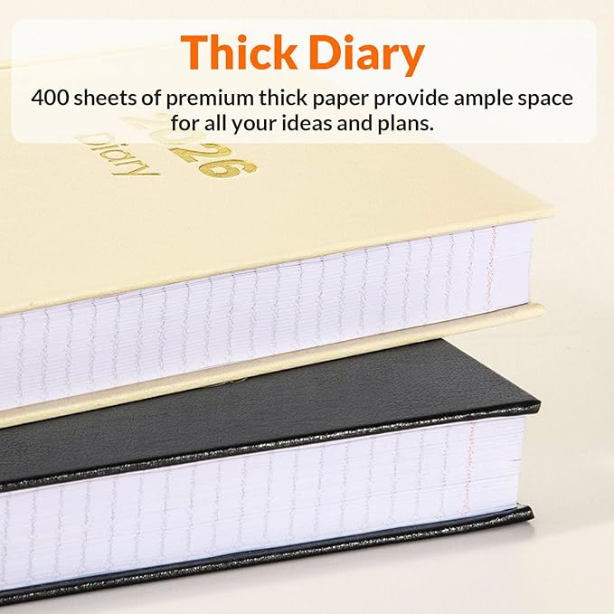 SUNEE 2026 Diary Journal Hardcover - Daily Planner Organizer for Work & School - Daily Page Layout with Holidays, Notes, Contacts - Agenda for Women & Men, Beige