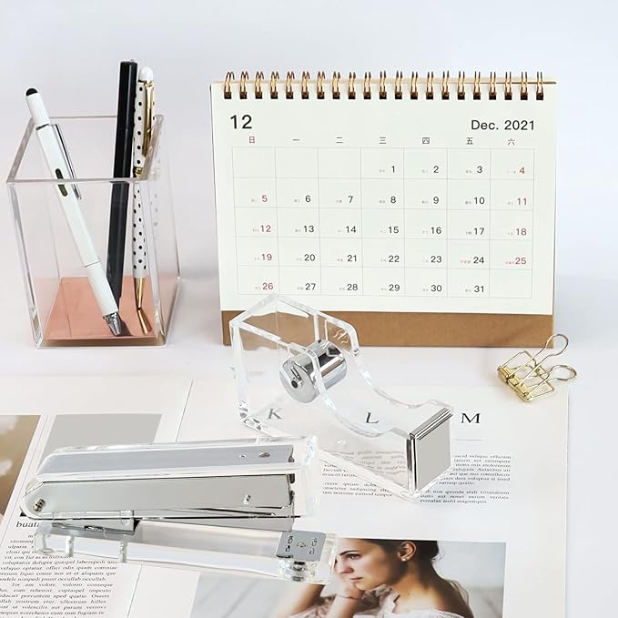 Acrylic Silver Tape Dispenser Desktop Stapler, Acrylic Office Supplies Includes Staple Remover, Tape, 1000pcs Staples Desk Accessory Kit, Cute Office Stapler Set for Modern Design Office Desktop
