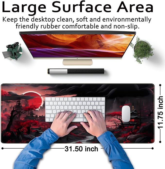 Riverside Full Moon Desk Pad Black Red Desk Mat Japanese Anime Extended XXL Keyboard Pad for Desk Gaming Computer Laptop Office Mouse Pad with Stitched Edges Non-Slip Large Computer Mat 31.5x11.8 in