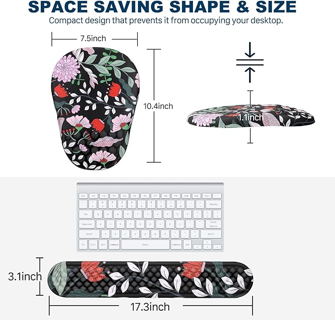 Ergonomic Mouse Pad and Keyboard Wrist Rest with Massage Design, Space-Saving Mouse Pad Wrist Support, Memory Foam Wrist Rest with Non-Slip PU Base for Computer Desk, Multiflora