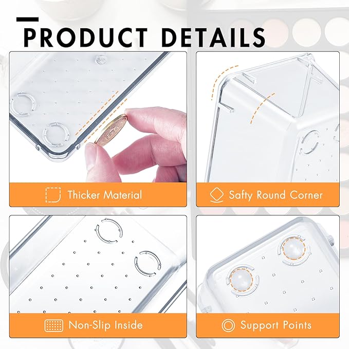 HOUSE DAY Desk Drawer Organizer Bins 6 PCS, 9*6*2" Clear Drawer Organizers with Silicone Pads, Vanity Organizers and Storage, Non Slip Plastic Drawer Organizer for Makeup, Bathroom, Kitchen, Office