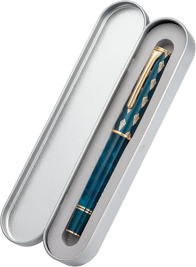 Hongdian N7 Blue Peacock Fountain Pen Resin Piston, Iridium Medium Nib Classic Pen, Smooth Writing Pen with Metal Box