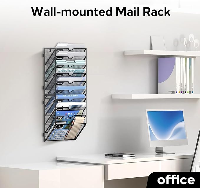 10 Tier Wall Hanging File Organizer, Paper Folder Holder Wall Mounted, Metal Mail Sorter for Office Home School, Black 2 Pack
