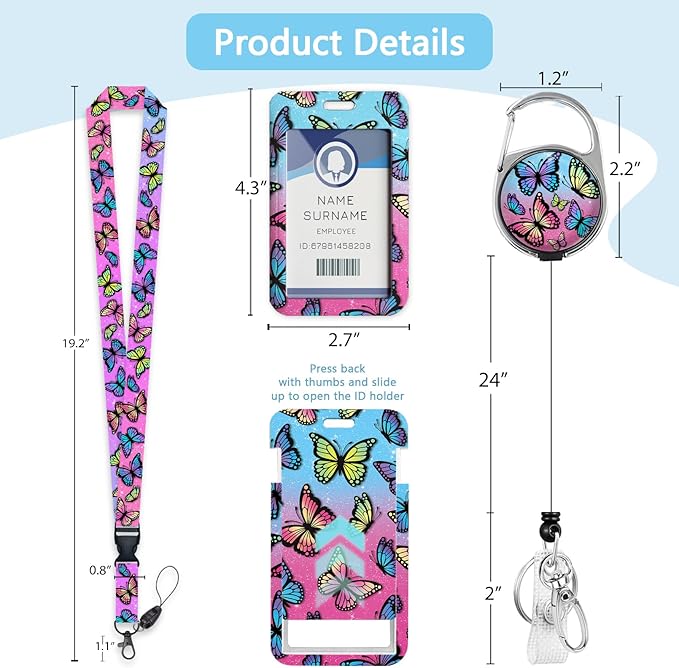 Butterfly ID Badge Holder with Breakaway Lanyard, Fashionable Lanyards for ID Badges Women, Cute Badge Reel Retractable, ID Card Holder Keychain Name Badge Clip, Nurse Teacher Gifts