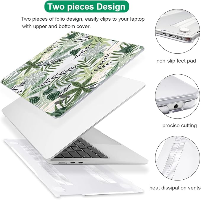 for MacBook Air 13.6 inch Case 2025 M4 A3240 2024 M3 A3113 2022 2023 A2681 M2 Chip, Crystal Plastic Pattern Hard Shell Case Cover for Mac Air 13.6 M4 2025 Touch ID, Tropical Green Leaves