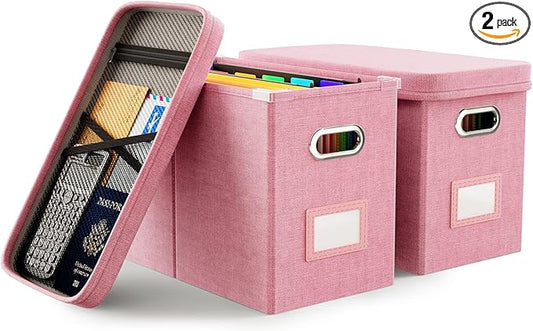 Oterri File Organizer With Lid, Hanging Filing Box With Mesh Pocket, Document Organizer for Letter Files, Portable Storage With Smooth Sliding Rail for Office & Home (2 PCS, Pink)