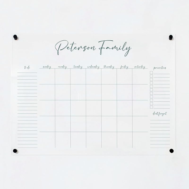 Personalized Clear Acrylic Calendar for Wall, Calendar Whiteboard for Wall, Dry Erase Wall Calendar, Wall Calendar Organizer System for Home (Cursive, Jade, 31"W x 23"H)