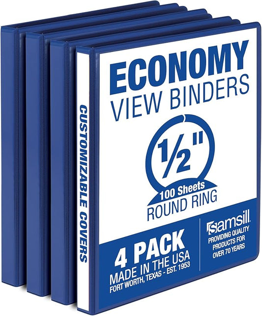Samsill 0.5 Inch 3 Ring Binder, Made in USA, Economy Round Ring, Clear View Cover, 100 Sheet Capacity - for School, Home, Office - Blue, 4 Pack