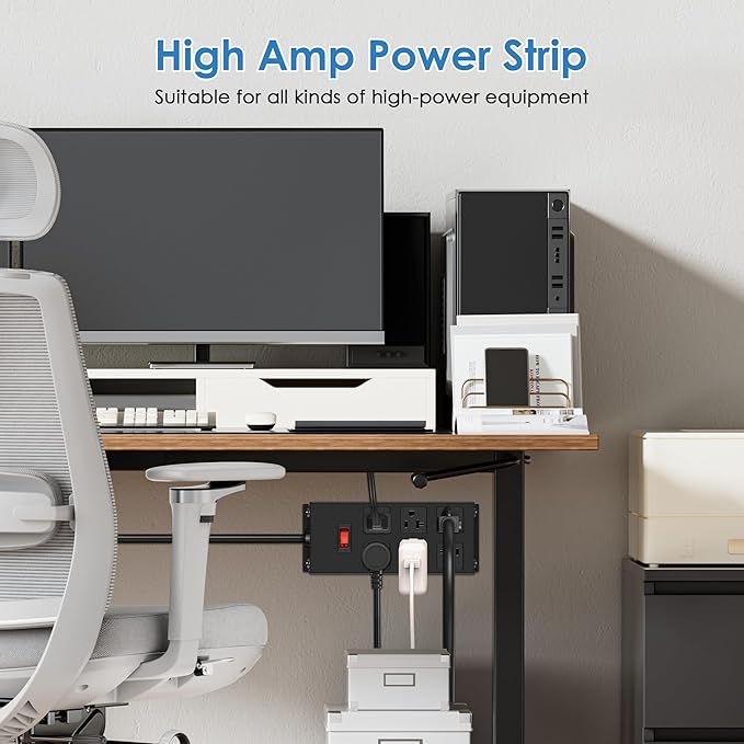 JUNNUJ Heavy Duty 20 Amp Power Strip, Garage 6 Outlets Metal 12 Gauge Surge Protector 3000J, High Amp 5-15P Adapter Shop 6-20R T-Slot Industrial (6AC, 15FT)