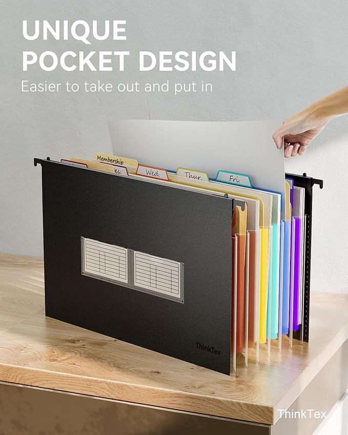 ThinkTex Plastic Expanding Hanging File Folders, 7 Innovative 1.2" Accordion Pockets, Large Capacity, Multi-Color Tabs, Legal Size for Filing Cabinet - 1 Pack