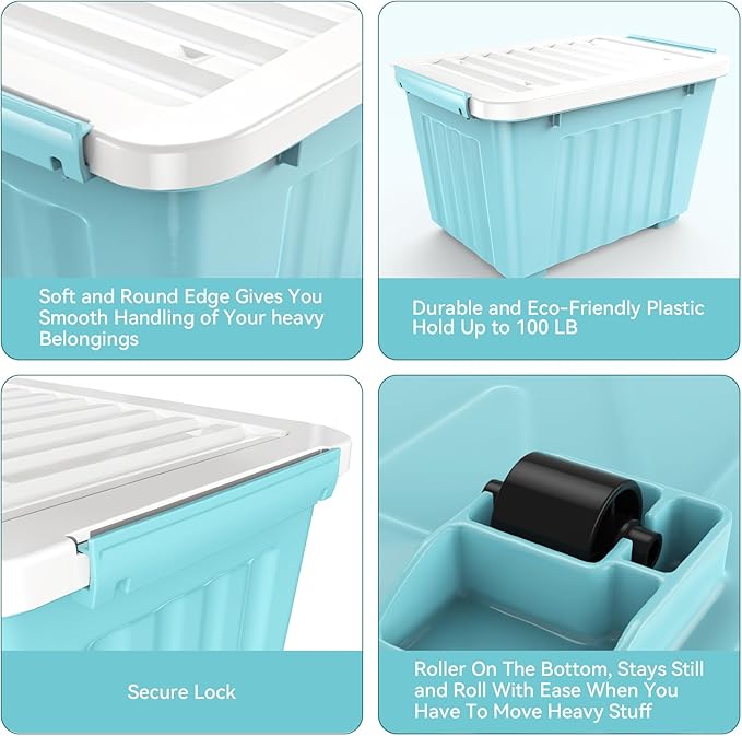 Nazhura 72 Quart Plastic Storage Bin, Stackable and Nestable Storage Boxes with Lids and Secure Latching Buckles, Large Storage Container (Blue, 72Quart-6Pack)