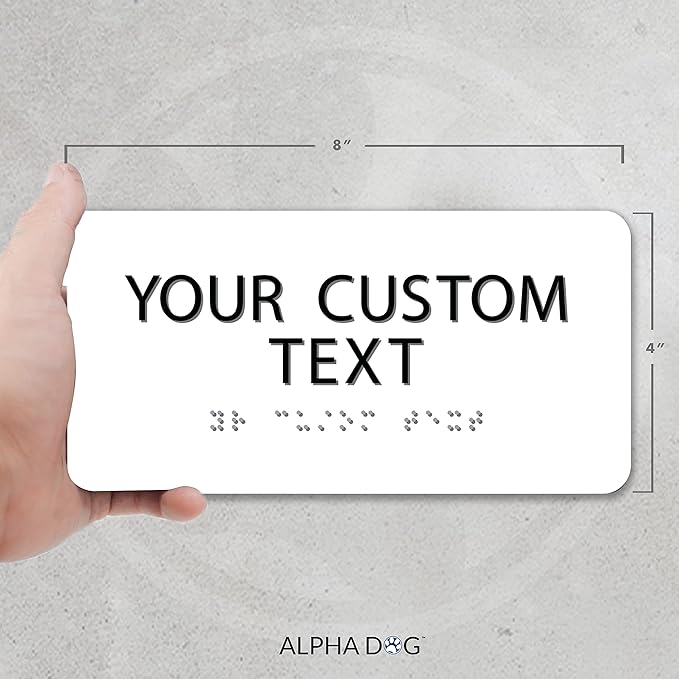 ALPHA DOG ADA SIGNS Custom ADA Compliant Braille Sign, 4"x8" Room Identification Plaque, Tactile Text, Raised Letters, Personalized 2-Line, Indoor/Outdoor, USA-Made (White)