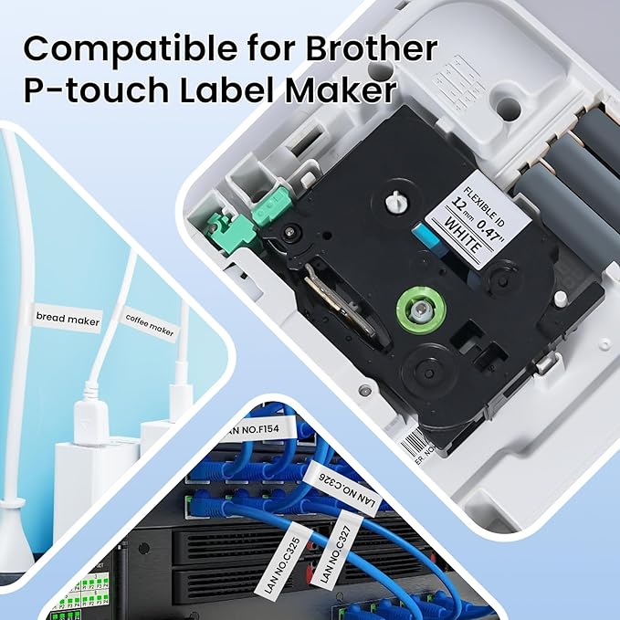 TZe-FX231 Flexible ID Laminated Cable Wire Labels 12mm 0.47 Laminated White Compatible with Brother P-Touch for Wire Wrapping and Flagging, 26.2FT/8M for PT-D210/D400/D600/H110 Label Makers