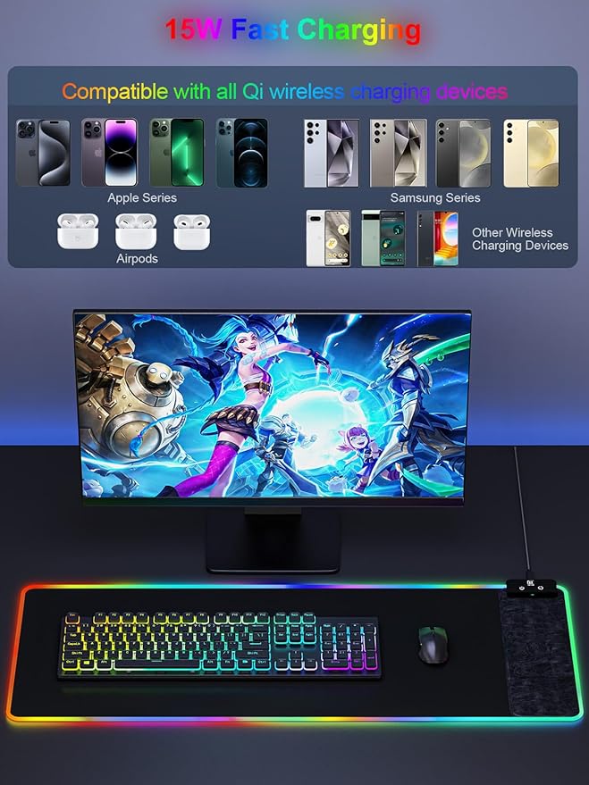 Mouse Pad with Wireless Charging, Large Desk Mat RGB Gaming Mousepad, 10 Light Colors LED Gaming Pad Keyboard Pad with Ultra-Smooth Surface & Non-Slip Rubber Base, Waterproof Full Desk Mouse Pad