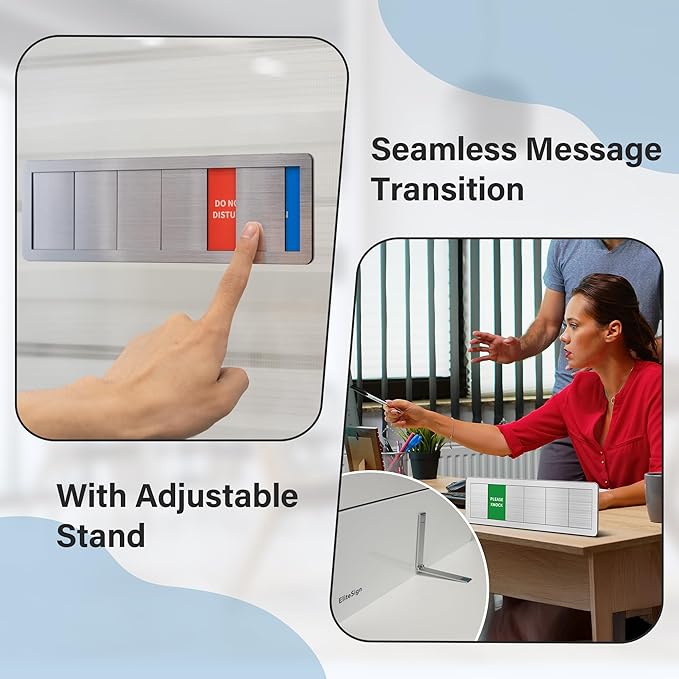 Office Door Sign With Adjustable Stand, 6 Options Privacy Slider Do Not Disturb, Please Knock, In A Meeting, Out Of Office, Working Remotely, Back Soon, Silver 10x3.15 Inch With 3 Stickers