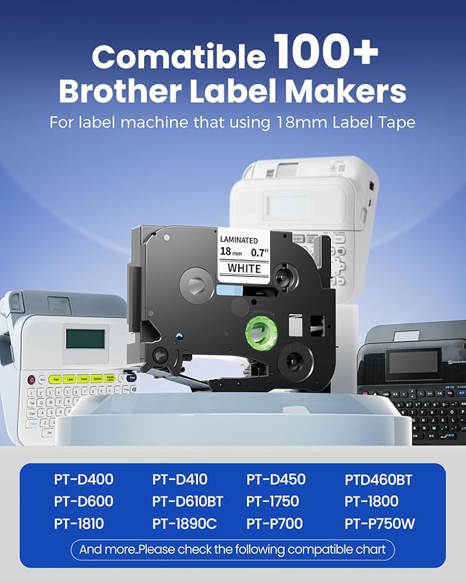 Colorty 18mm 0.7 Laminated White Tape TZe-241 Replacement for Brother Label Maker Tape 18 mm P-Touch TZ TZe Black on White for Ptouch PT-D400 PT-D410 D600 D610BT PT-P700BT Refills 3/4 Inch, 6 Pack