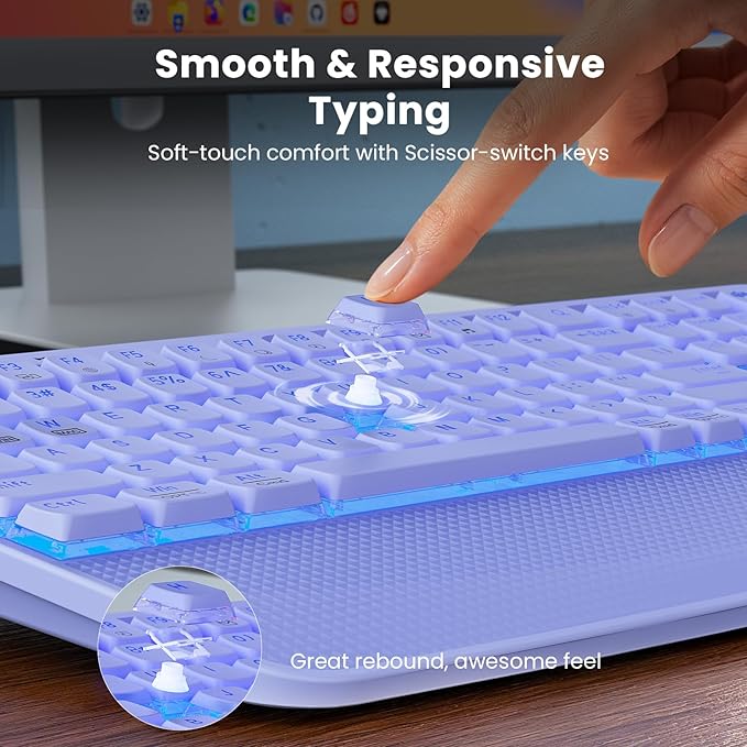Purple Keyboard and Mouse Wireless Combo, 4000mAh Rechargeable Backlit Quiet Keyboards mice Set, USB Ergonomic Key Board with Wrist Rest & Phone Holder for PC, Mac, Windows, Natural Soft Typing