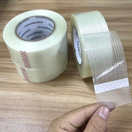 CHUANGSEED 3Pack Mono Filament Strapping Tape 6.2mil x 2Inch x 60yds Commodity Grade Heavy Duty Transparent Reinforced Fiberglass Tape