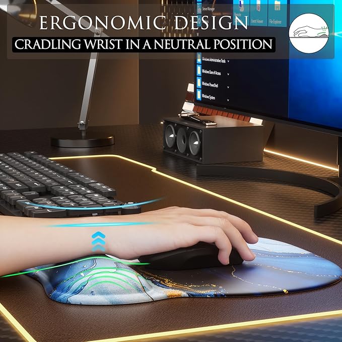MROCO Ergonomic Mouse Pad with Gel Wrist Rest, Comfortable Mousepad with Smooth Wrist Support Surface and Non-Slip PU Base for Pain Relief, Computer, Laptop, Office & Home, 9.4 x 8.1 in, Blue Marble