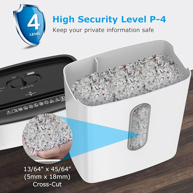 BONSEN Shredders for Home Office, 8-Sheet Cross Cut Credit Card Shredder, Small Paper Shredder for Home Use with 4 Gal Bin, P-4 High Security Level, White (S3101-W)