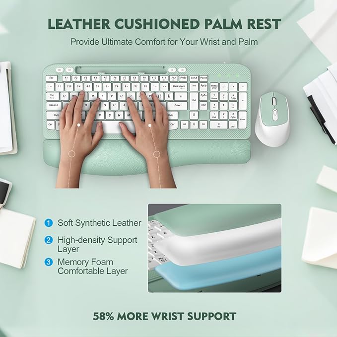 Wireless Keyboard and Mouse Combo, Wave Keys Full-Sized Ergonomic Keyboard with Cushioned Plam Rest, Phone Holder, Comfortable Natural Typing, 2.4G Cordless Set for Computer, Laptop, PC, Mac, Windows