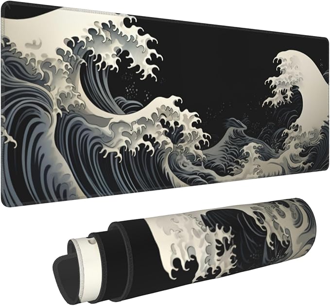 Stylish Japanese Ukiyo-e Style White and Black Ocean Wave Art Print Themed Mouse Pad 31.5 x 12 Inch, Anti-Slip Rubber Base, Ideal for Computer, Laptop, Office & Home Use