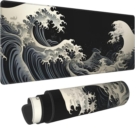 Stylish Japanese Ukiyo-e Style White and Black Ocean Wave Art Print Themed Mouse Pad 31.5 x 12 Inch, Anti-Slip Rubber Base, Ideal for Computer, Laptop, Office & Home Use