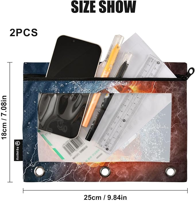 American Football Fire Water Pencil Pouch for 3 Ring Binder, 2 Pack Waterproof Pencil Bags Clear Window Pencil Case Zipper School Office Supplies