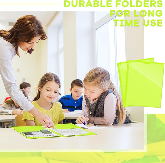 Henoyso 60 Pcs 2 Pocket Plastic Folders with Clear Front Pocket 3 Hole Punched File Folder Letter Size Take Home Documents Holder for Paper Holder Office Business Back to School Supply (Shiny Green)