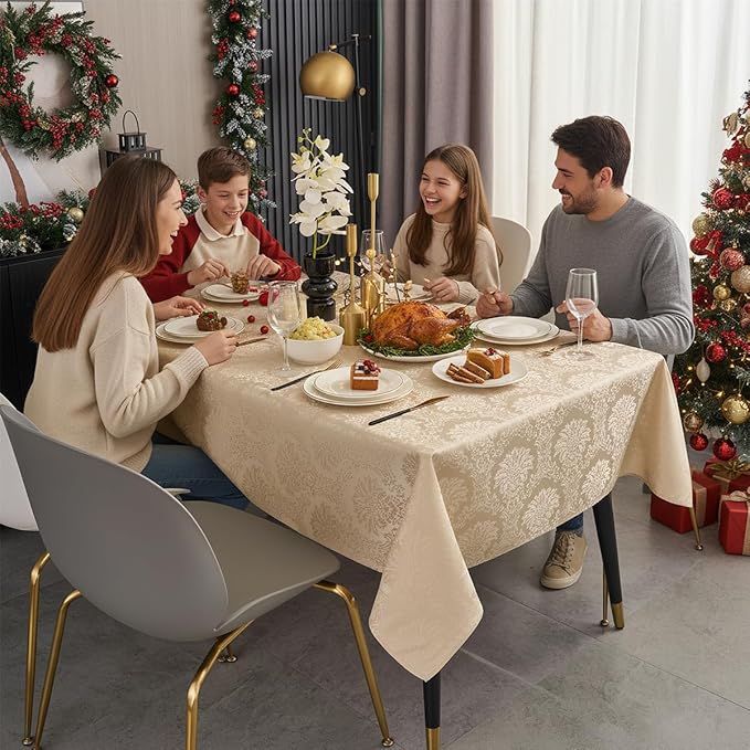 Romanvicky Christmas Jacquard Tablecloth Gold Flowerl Pattern Rectangle Table Cloth Spill Proof Wrinkle Resistant Polyester Table Cover for Dining, Kitchen, Thanksgiving Decoration, 60 x 84 Inch