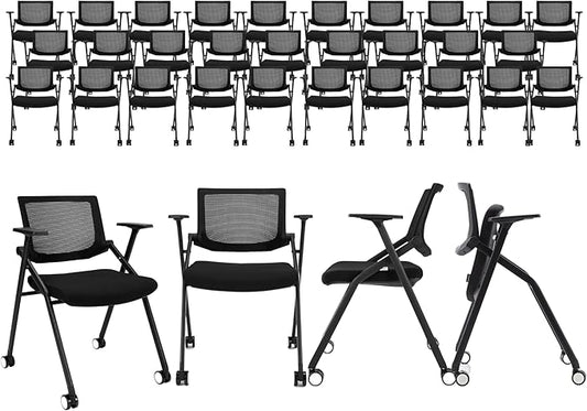 30 Pack Stackable Conference Room Chairs with Wheels and Paddle, Ergonomic Mesh Back and Arms for Meeting, Conference, Reception, Training Room & Home Office Desk Folding Chairs