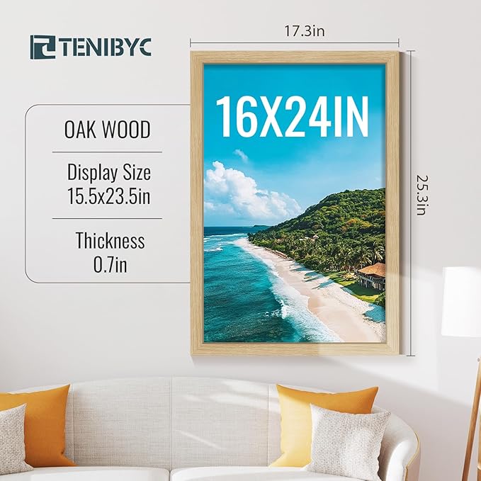 16x24 Frame Set of 3, Natural Oak Wood Grain, Wall Hanging Picture Frame for Photos, Posters, Paintings & Puzzles