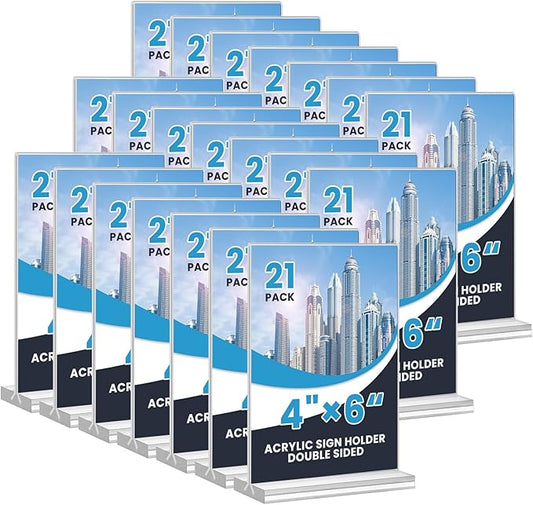 Acrylic Sign Holder 4x6, 21 Pack Clear Table Menu Vertical Double Sided Display, Plastic Menu Stand Paper Holder Suitable for Restaurants Office Store Show Fair
